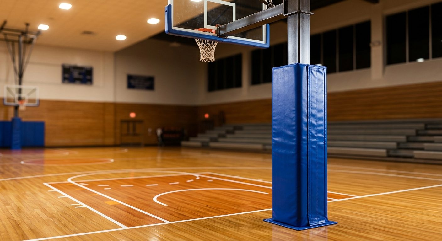 Illustration of a custom blue vinyl pad wrapped around a basketball hoop support in a school gym