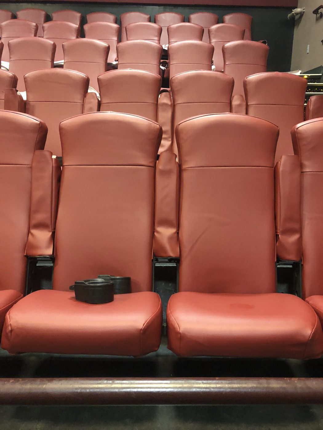 Cinema seating reupholstered in industrial-grade vinyl