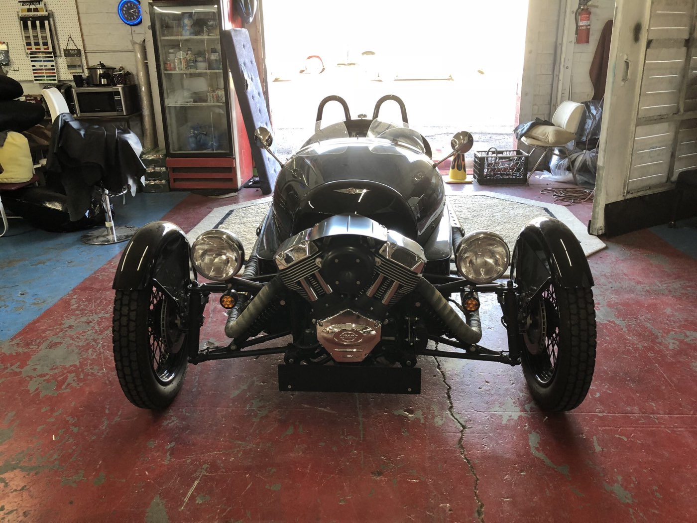 Custom three-wheel motorcycle roadster in for upholstery service at American Upholstery's Phoenix shop