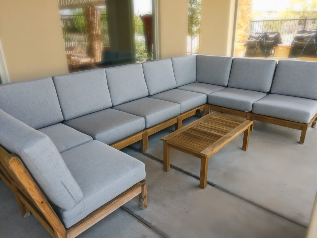 Custom outdoor cushions on a shaded patio sectional