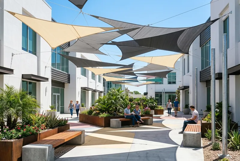Apartment courtyard with benches and planters under overlapping cream, grey and charcoal custom shade sails anchored to building walls and steel posts