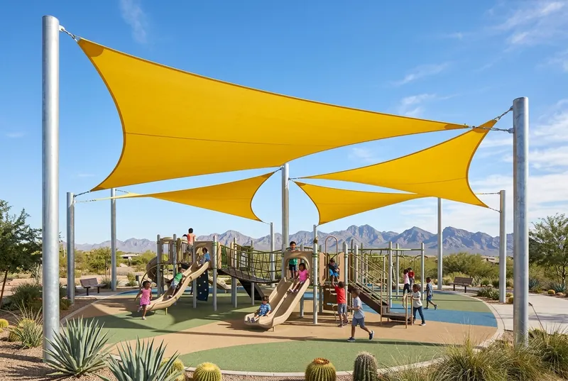 Children on an Arizona park playground under overlapping yellow shade sails on steel posts, desert mountains behind