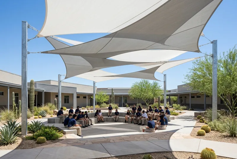 Students gathered in an Arizona school courtyard under overlapping white shade sails