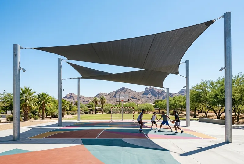 Basketball court in an Arizona park shaded by two charcoal sails on heavy galvanized steel posts, mountains behind