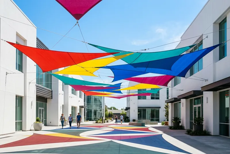 Courtyard between modern white buildings covered by overlapping red, yellow, teal, blue and magenta shade sails