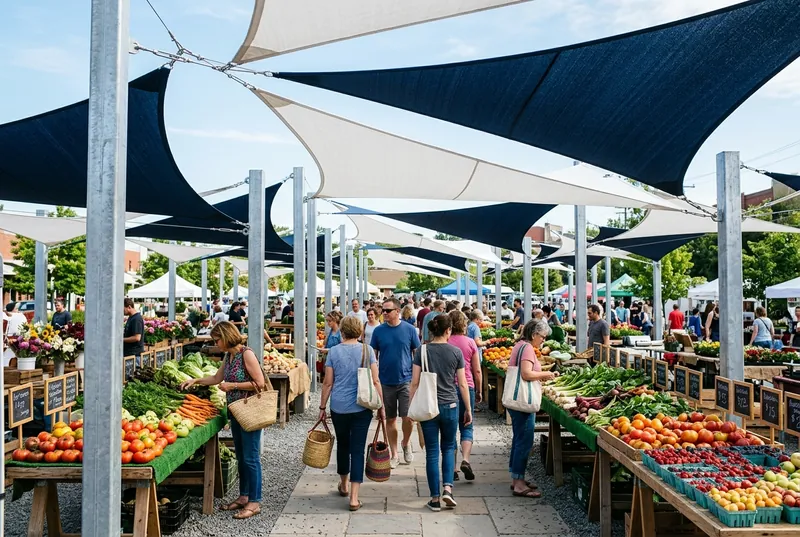 Shoppers at an outdoor farmers market under navy and white shade sails on steel posts