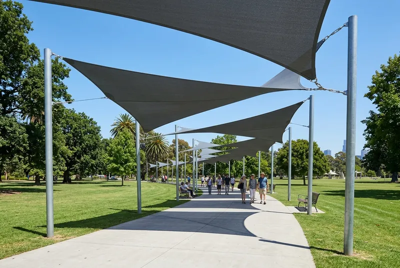 People walking a park path under a row of charcoal triangle shade sails on steel posts