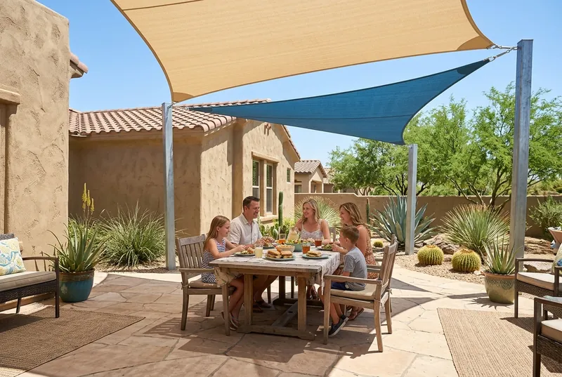 Family eating lunch on a Phoenix backyard patio under sand and blue shade sails on steel posts