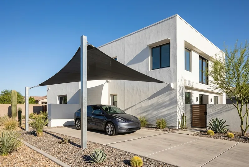 Charcoal shade sail carport on steel posts over a car at a modern Phoenix home