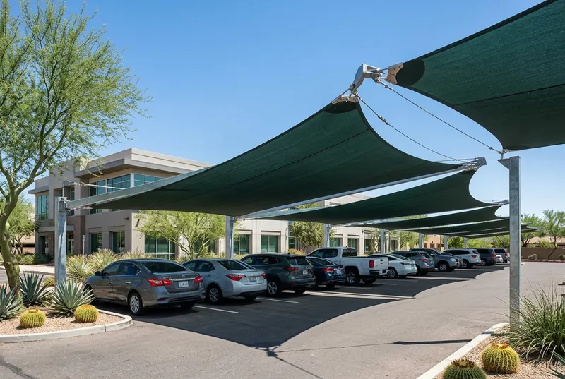 Dark green cantilever shade sails over parked cars at a Phoenix office building