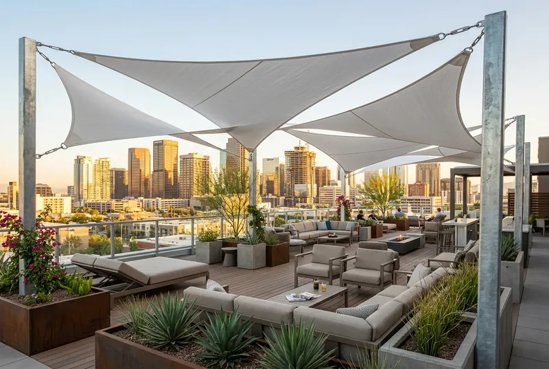 Rooftop amenity deck with lounge seating under white shade sails and the downtown Phoenix skyline