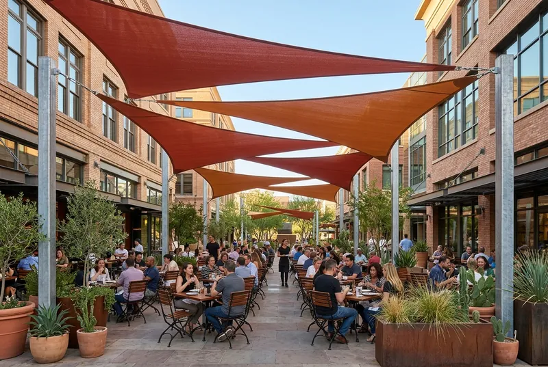 Diners at a busy outdoor plaza restaurant under layered terracotta and orange shade sails