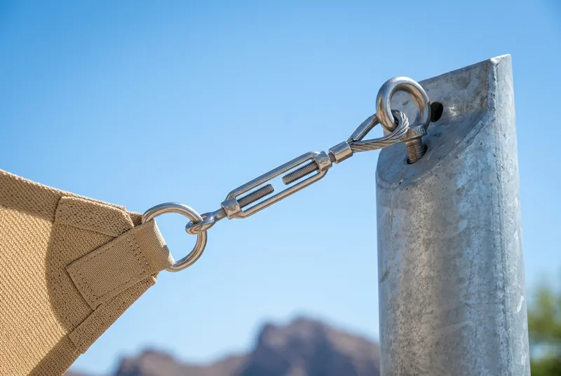 Stainless turnbuckle and wire rope tensioning a shade sail corner to an eye bolt on a galvanized steel post