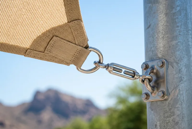 Close-up of a reinforced shade sail corner with stainless D-ring, turnbuckle and pad eye bolted to a galvanized steel post