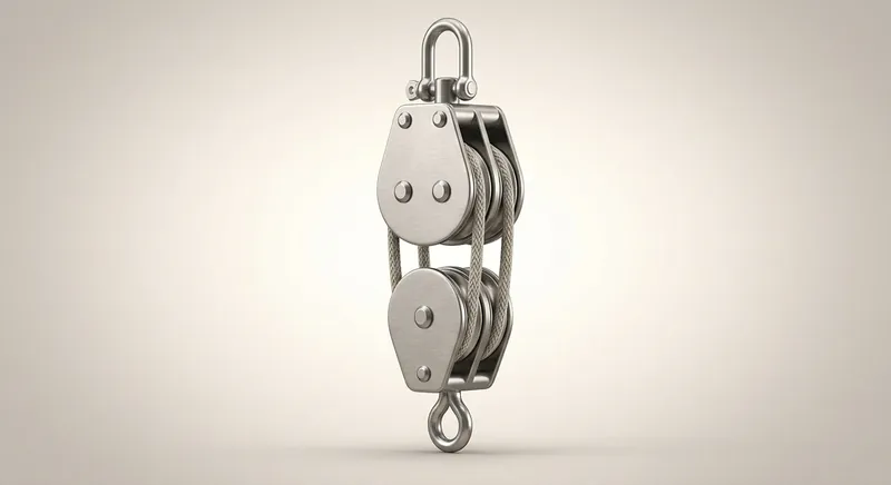 Stainless double pulley blocks with shackle, rigged as a 4:1 block and tackle for tensioning a large shade sail