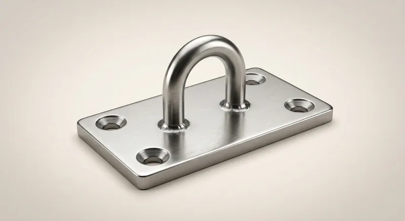 Stainless steel pad eye plate with four countersunk mounting holes for anchoring a shade sail to a wall or fascia