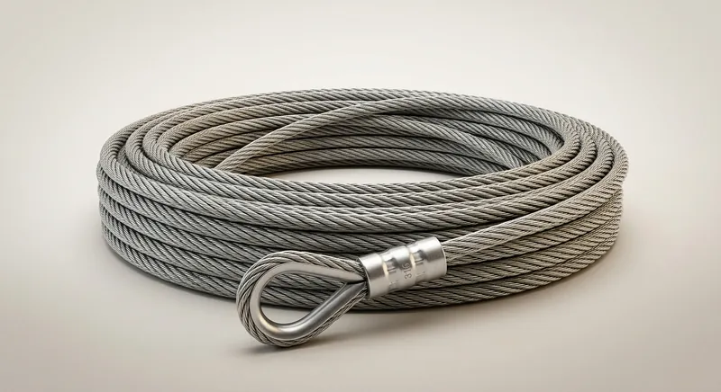 Coil of 3/16 inch stainless steel wire rope with a swaged thimble eye, used as shade sail perimeter cable