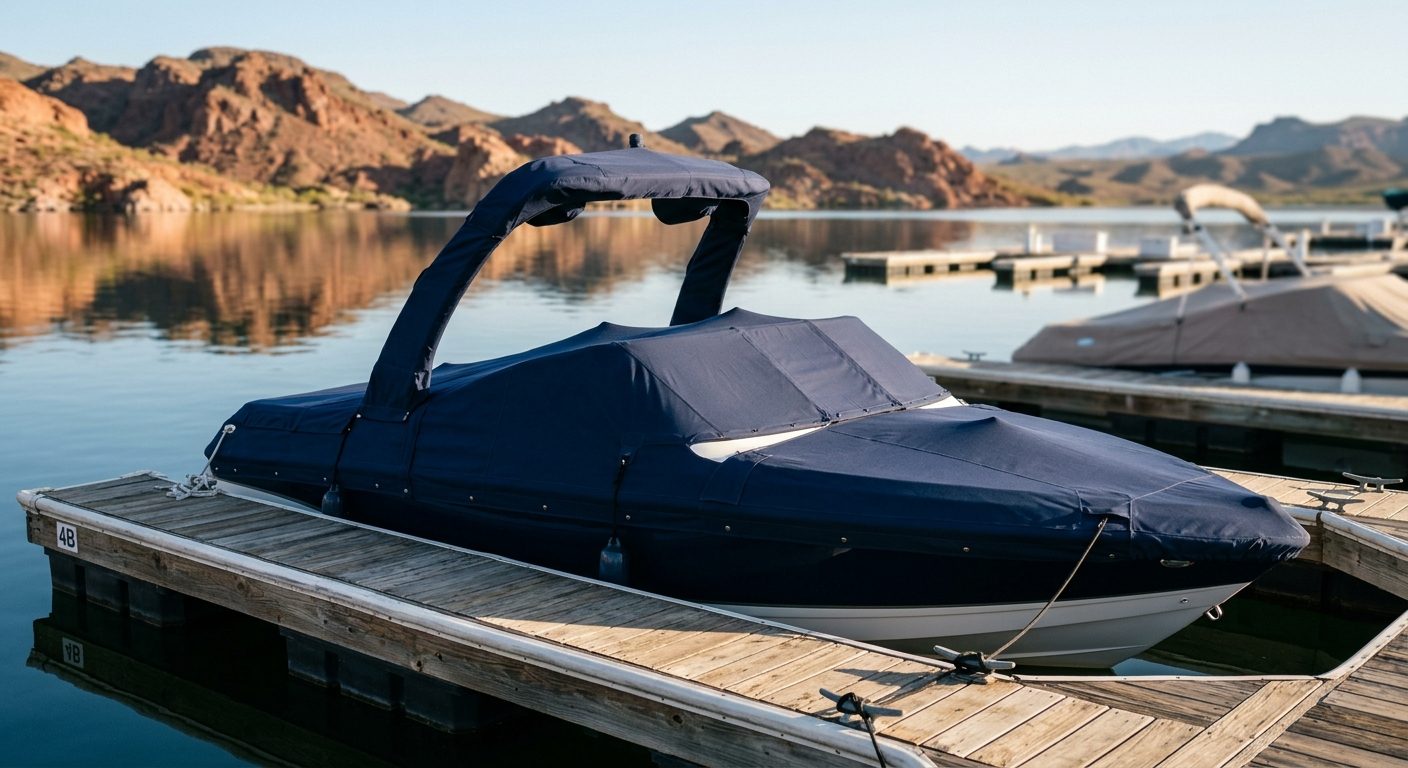 Illustration of a custom-fitted navy canvas cover on a ski boat at an Arizona lake marina