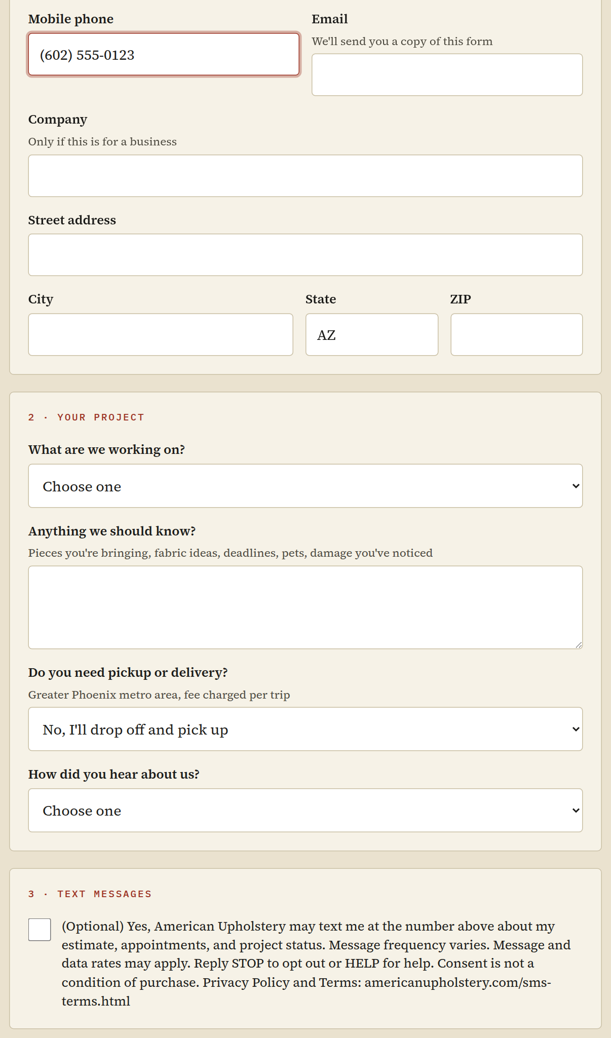 Screenshot of the in-shop check-in tablet form showing the optional, unchecked text-message consent checkbox
