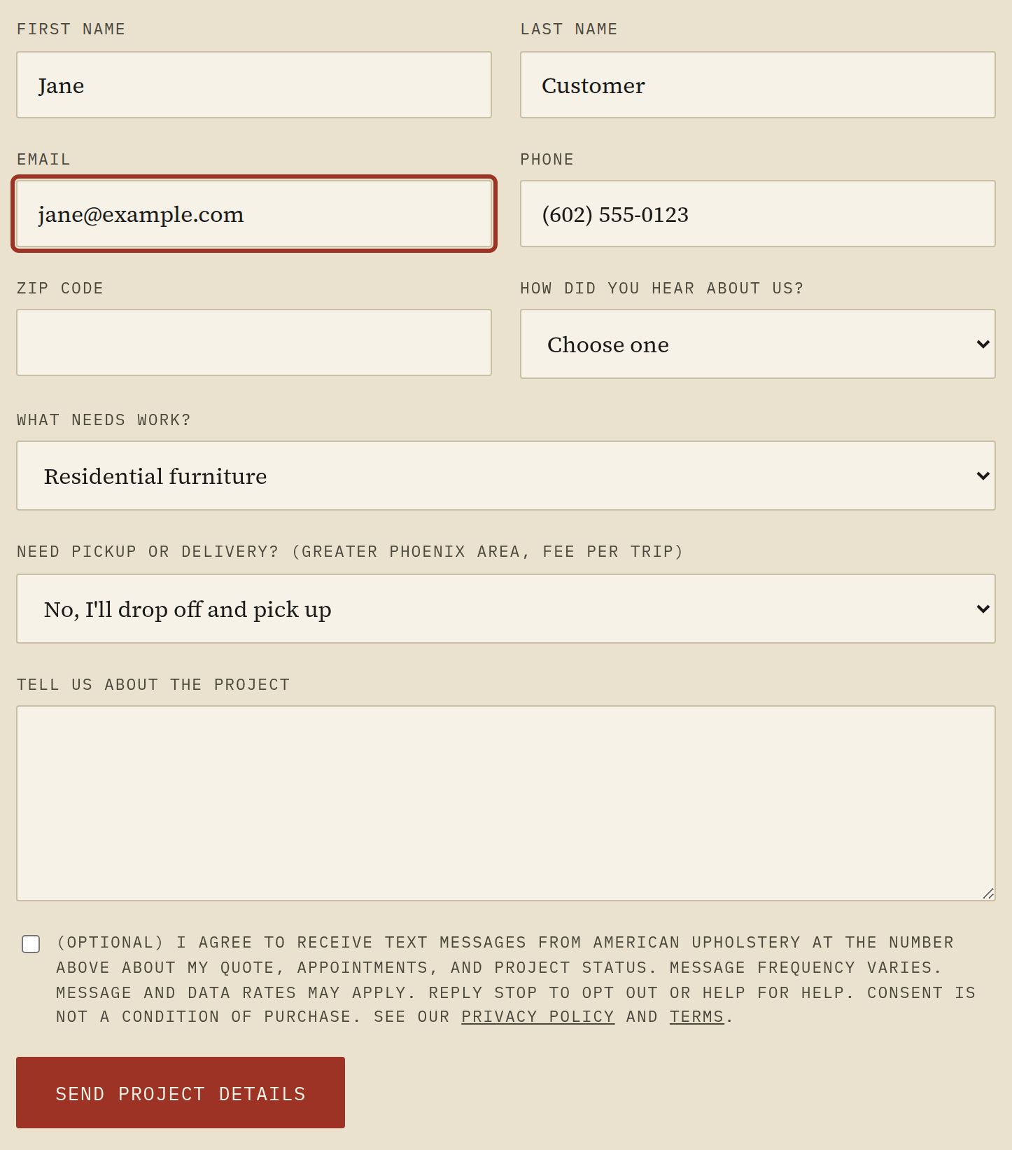 Screenshot of the americanupholstery.com quote form showing the optional, unchecked text-message consent checkbox