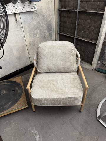 After: oak lounge chair with boucle seat and back cushions