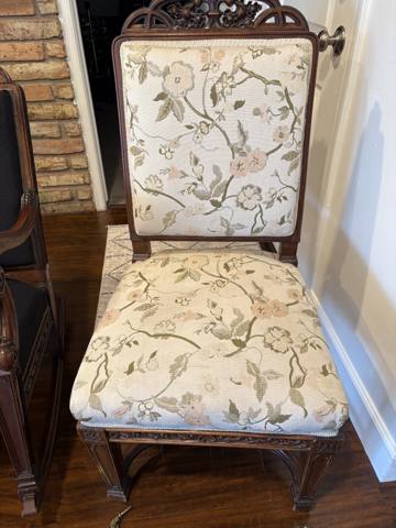 After: carved antique side chair in cream floral fabric