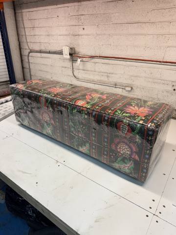 After: storage bench in dark floral fabric, finished