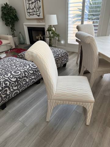 After: cream quilted dining chairs, patterned bench