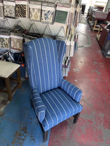 After: blue pinstripe wingback chair, finished