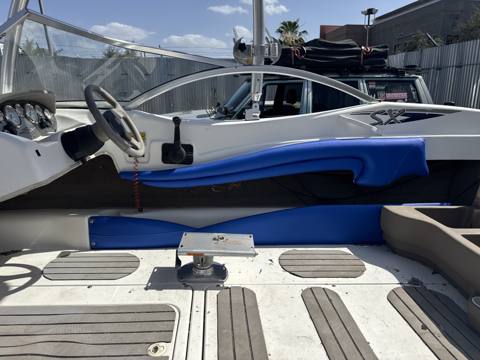 After: boat interior with new blue vinyl seating