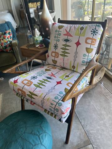 After: mid-century armchair in retro print fabric