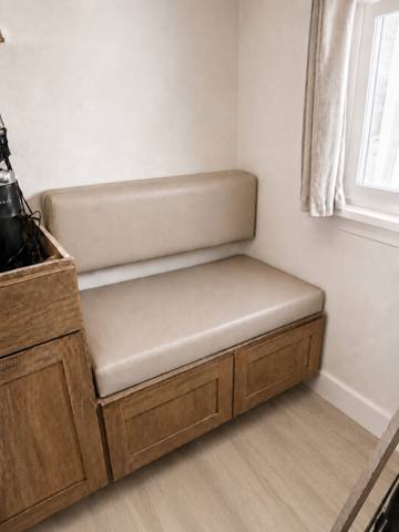 After: cream vinyl bench seat and back cushion, built-in