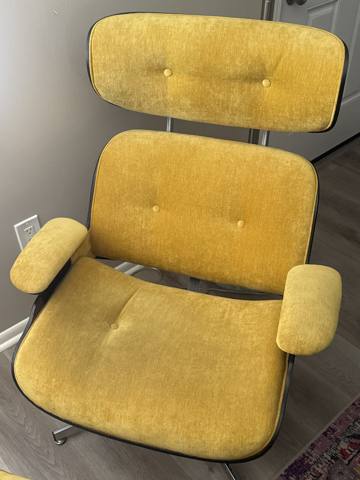After: mustard velvet mid-century lounge chair