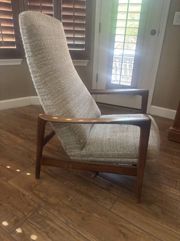 After: mid-century wood lounge chair in woven fabric, side
