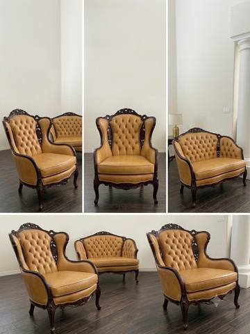 After: collage of tan tufted leather Victorian seating