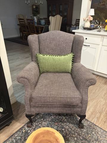 After: gray tweed wingback chair, front view