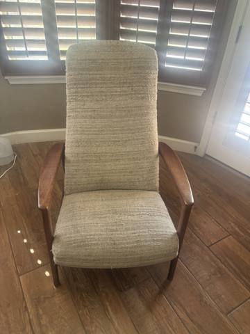 After: mid-century wood lounge chair in woven fabric, front